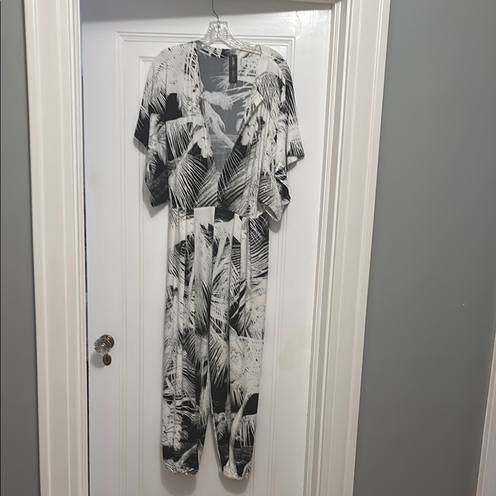 Norma Kamali Monochrome Leaf Print Jumpsuit